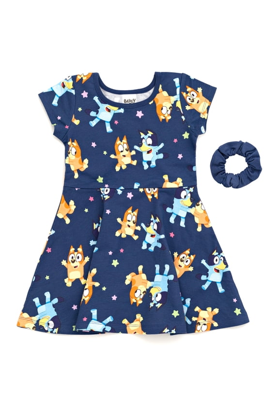 Bingo Toddler Girls French Terry Skater Dress and Scrunchie Infant to Big Kid