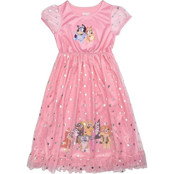 Bluey, Bingo and Friends Toddler Girl's Pink Satinet and Tulle Nightgown, Size 3T