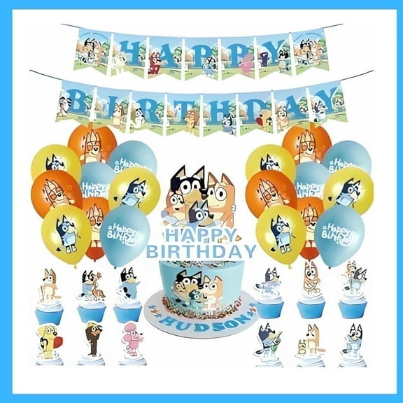 Bluey Birthday Decoration,Banner,Balloons,Cake Topper,Cupcake Topper