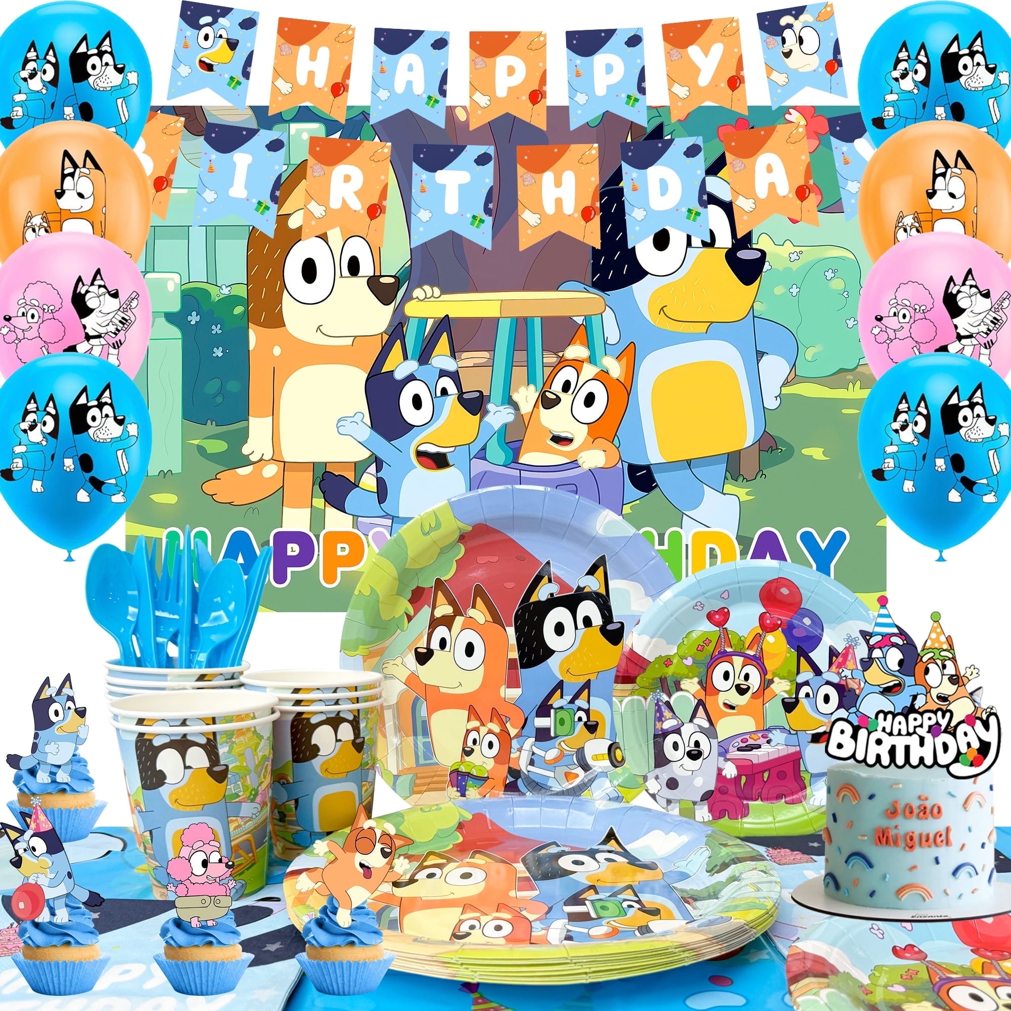 Bluey Birthday Decorations, 98Pcs Bluey Party Decorations & Bluey Tableware Sets - Bluey Birthday Plates, Napkins and Bluey Balloon Backdrops Cake Decorations and Other Bluey Birthday Party Supplies