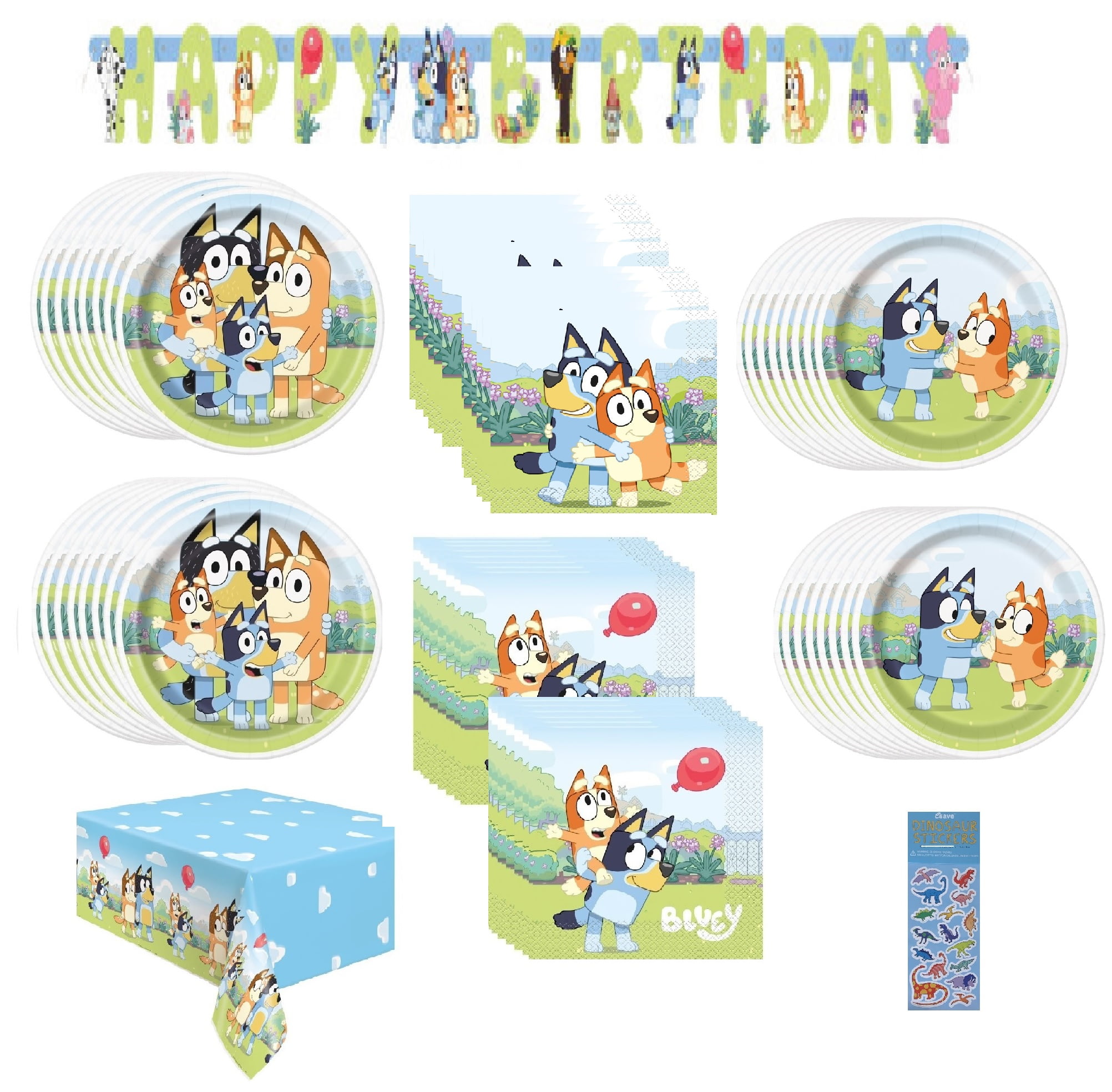 Bluey Birthday Party Bundle Pack includes 16 Dessert Cake Plates, 16 Lunch Plates, 16 Beverage Cake Napkins, 16 Lunch Napkins, 1 Table Cover, 1 Happy Birthday Banner (Bundle for 16)