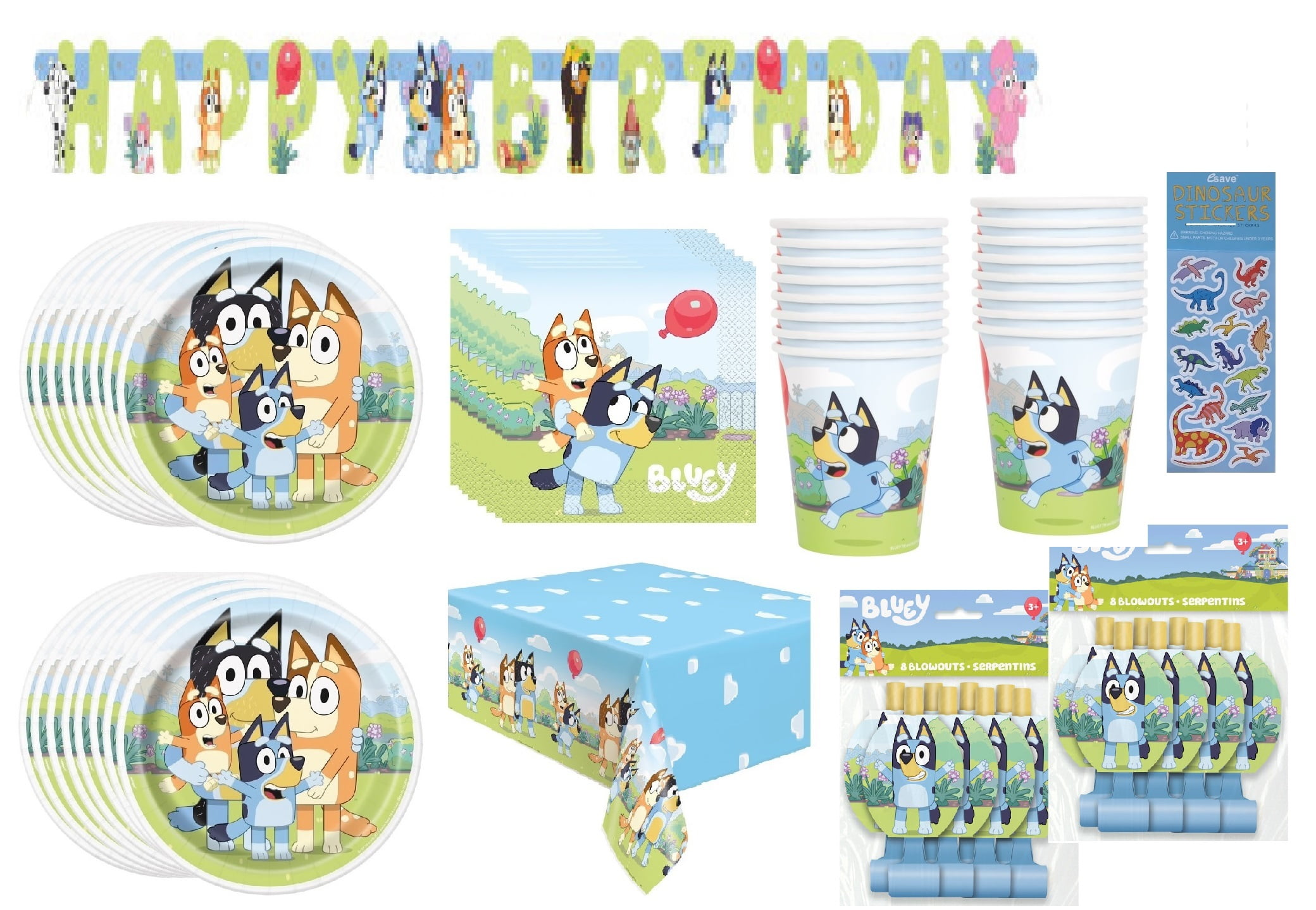 Bluey Birthday Party Bundle Pack includes 16 Lunch Plates, 16 Lunch Napkins, 16 Paper Cups, 1 Plastic Table Cover, 1 Happy Birthday Banner, 16 Party Blowouts, 1 Dinosaur Sticker Sheet