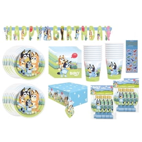 Bluey Birthday Party Bundle Pack includes 16 Lunch Plates, 16 Lunch Napkins, 16 Paper Cups, 1 Plastic Table Cover, 1 Happy Birthday Banner, 16 Party Blowouts, 1 Dinosaur Sticker Sheet