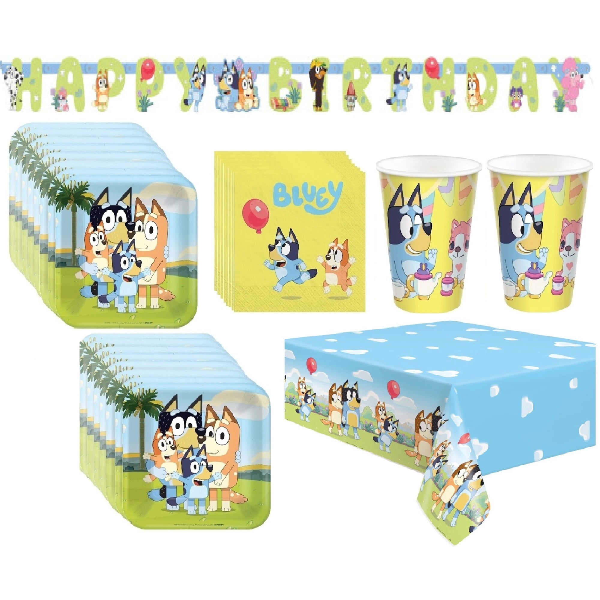 Bluey Birthday Party Bundle Pack includes 16 Lunch Plates, 16 Napkins, 16 Cups, 1 Tablecover, 1 Jointed Banner, 1 Dino Sticker