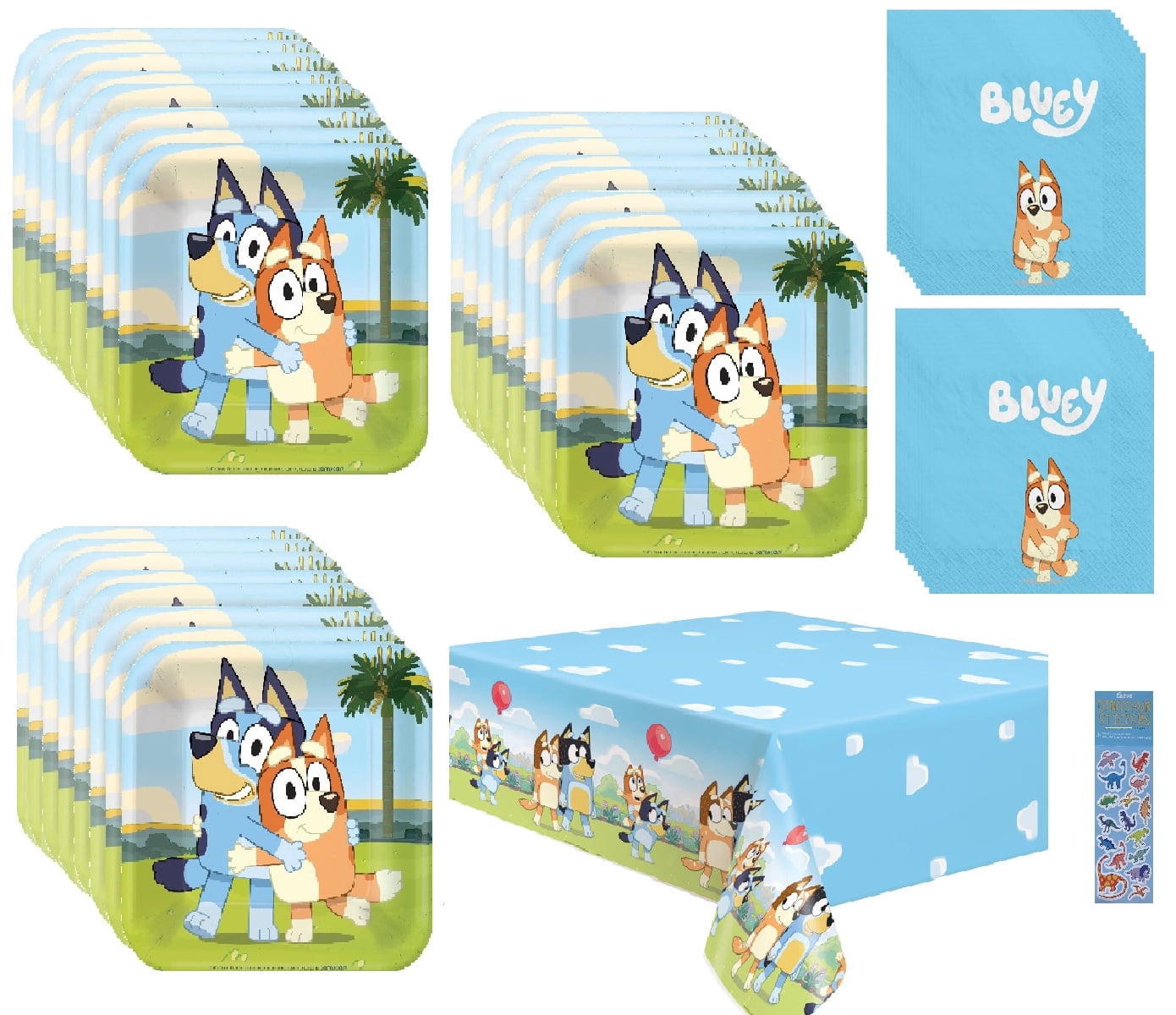 Bluey Birthday Party Bundle Pack includes 24 Dessert Small Plates, 32 Napkins, 1 Plastic Table Cover, 1 Dinosaur Sticker Sheet