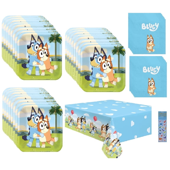 Bluey Birthday Party Bundle Pack includes 24 Dessert Small Plates, 32 Napkins, 1 Plastic Table Cover, 1 Dinosaur Sticker Sheet