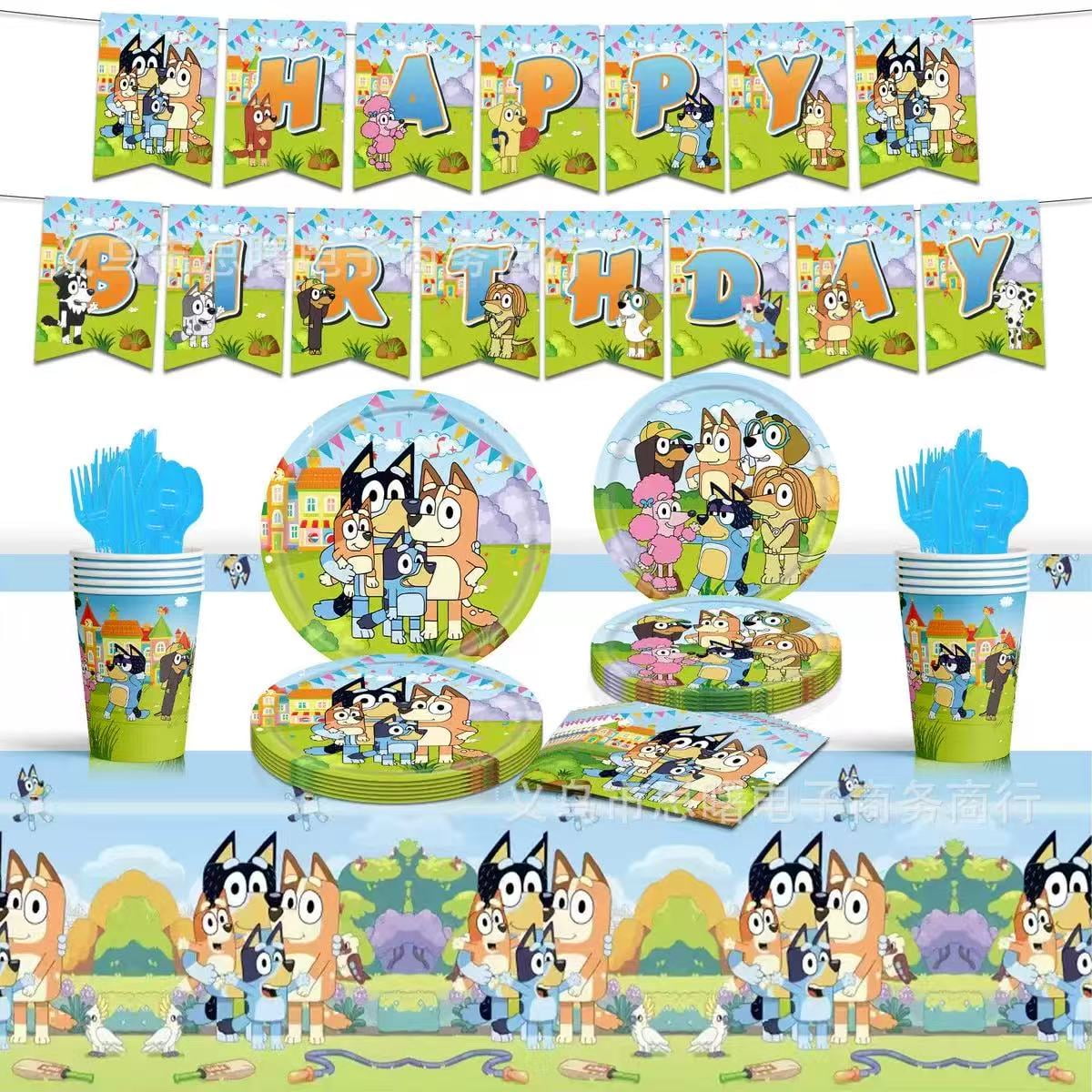 Bluey Birthday Party Decoration, Bluey Birthday Party Tableware Set-Bluey Birthday Banner Backdrop Tablecloth Plates Cups Napkins Balloons Cake Topper etc Bluey Themed Party Supplies