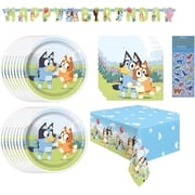 Bluey Birthday Party Supplies Bundle includes 16 Dessert Cake Plates, 16 Napkins, 1 Table Cover, 1 Happy Birthday Banner (Bundle for 16)