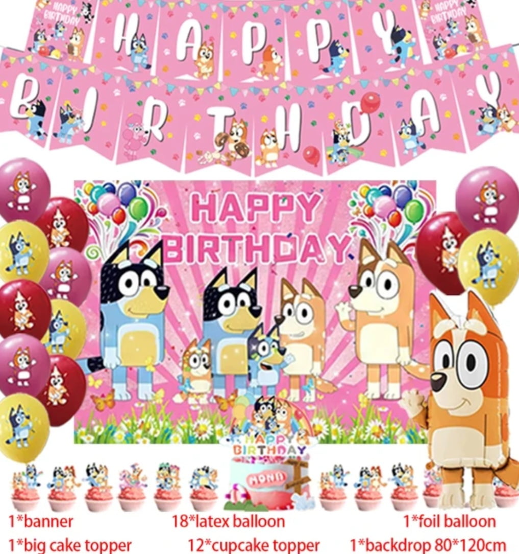 Bluey Birthday Party Supply with Backdrop Banner Balloons Cake Topper