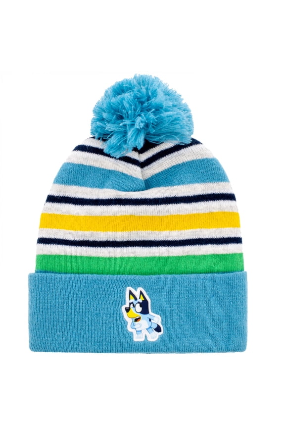 Blue Striped Big Kid Pom Cuffed Beanie