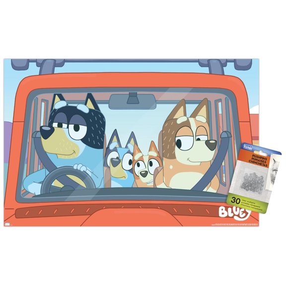 Bluey - Car Ride Wall Poster with Push Pins, 14.725" x 22.375"