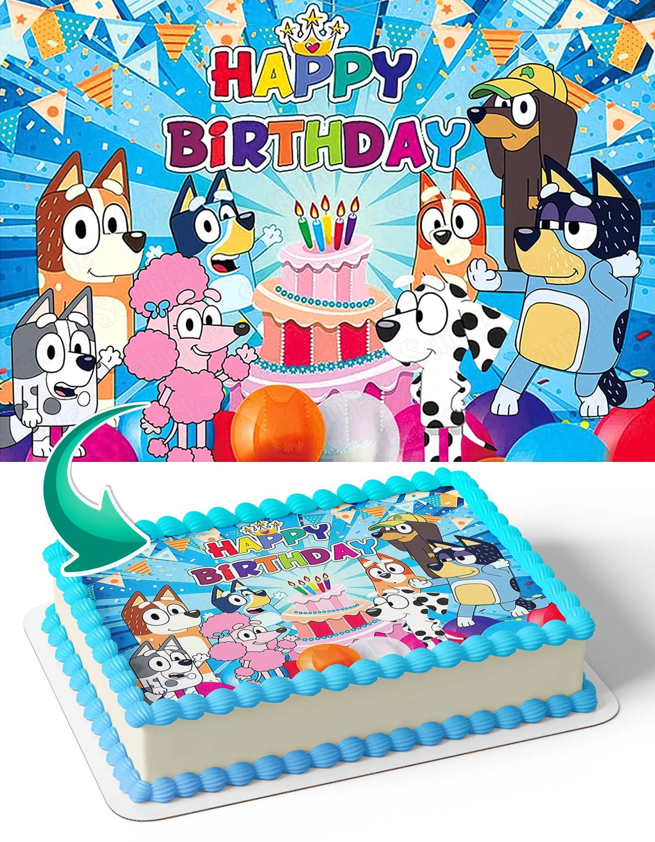Bluey Characters Rainbow Color BRC Edible Image Cake Topper Birthday