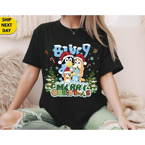 Bluey Christmas Family Matching Tee: Holiday Cartoon T-Shirt, Family Christmas Shirt,Black Color,Size L