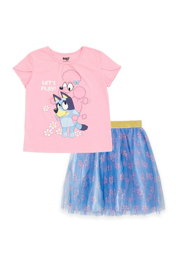 Coco Floral Toddler Girls T-Shirt and Tulle Mesh Skirt Satin Lining Infant to Big Kid