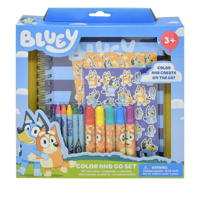Bluey Color and Go Set, 5 Markers, 5 Crayons, 60-Page Sketchbook, 2 Sticker Sheets