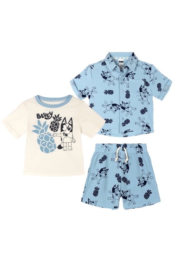 Cotton Gauze Button Down Shirt, T-Shirt and Shorts 3 Piece Outfit Set Infant to Little Kid