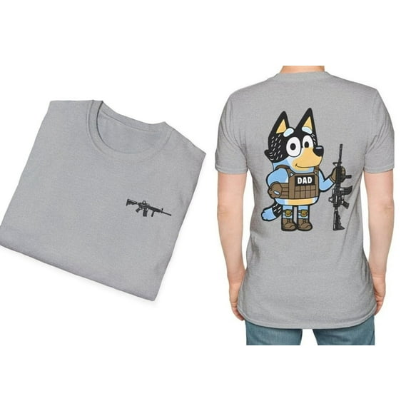 Bluey Dad Double Sided T-Shirt - Military Dad - 4th of July - Bluey Shirt Dad - Bluey Shirt Adult - Tactical Dad - Bluey Dad - First Fathers Day, Sport Grey Color