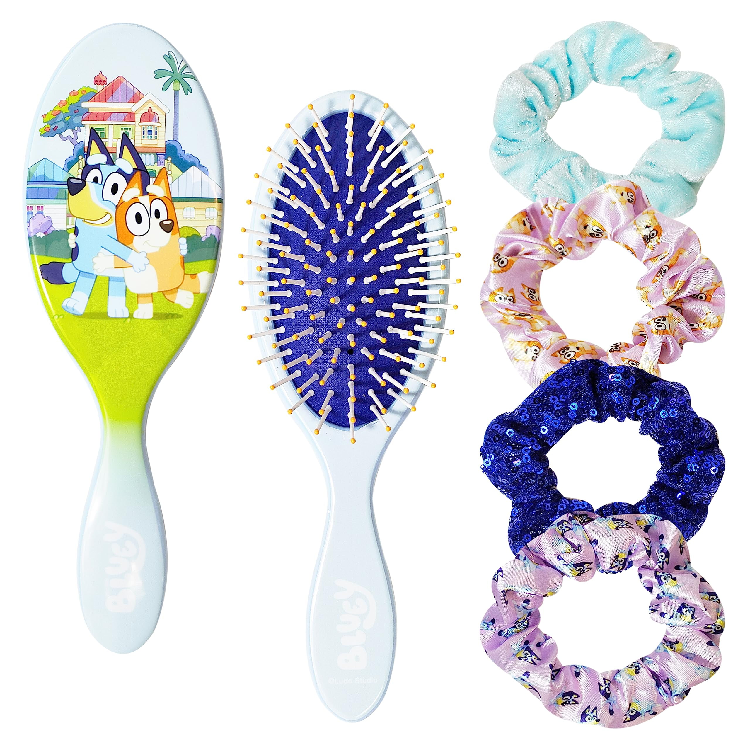 Bluey Detangling Brush and 4 Elastic Scrunchies Hair Accessory Set for