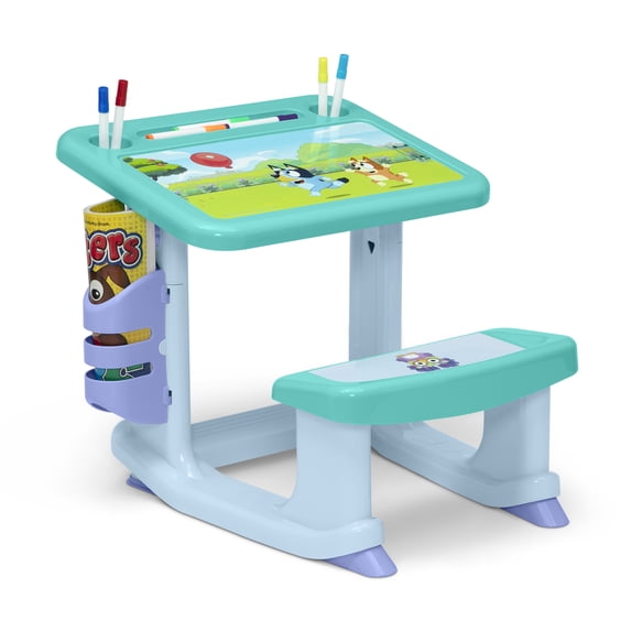 Delta Children Bluey Kids Storage Rectangular Desk with Desk and 4 Coloring Pages That Feature Adorable Character Graphics, Blue
