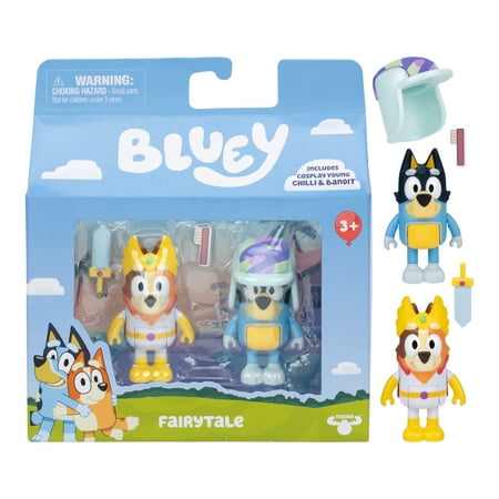 Bluey Fairytale Figure 2-Pack, 2.5 in Figures of Costume Chilli and Bandit Wearing His Hat, Ages 3+