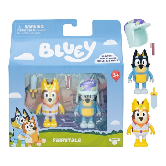 Bluey Fairytale Figure 2-Pack, 2.5 in Figures of Costume Chilli and Bandit Wearing His Hat, Ages 3+