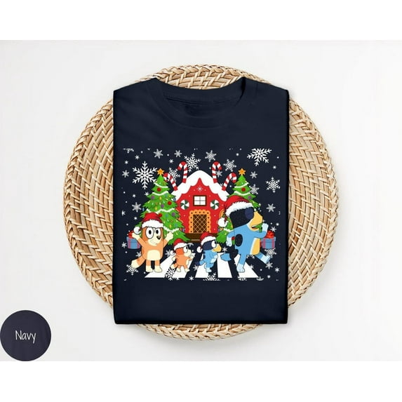 Bluey Family Christmas Sweatshirt, Cute Holiday Matching Shirts, Mom Dad Youth Dog XMas Shirts, Cartoon Dog Family Matching, Winter Party Tee, Dark Heather Color, Size 5XL