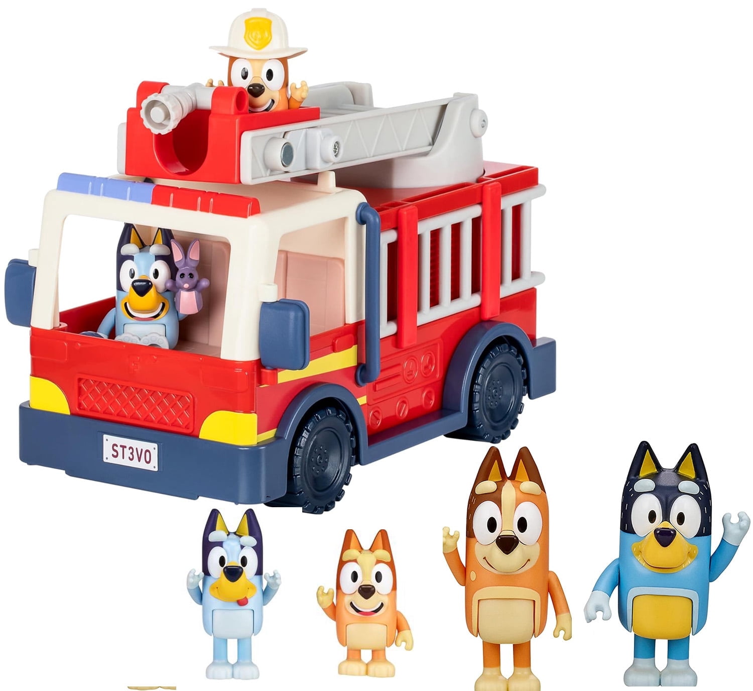 Bluey Firetruck, Exclusive Firefighter Bingo and Bob Bilby Figures Raise The Ladder, Spin It Around and Roll Out The Hose With Bluey Figure 4 Pack - Family Pack