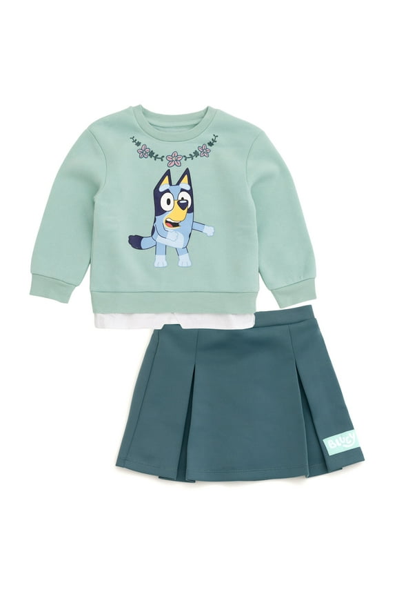 Fleece Drop Shoulder Pullover Sweatshirt and Scuba Pleated Skort Outfit Set Toddler to Big Kid