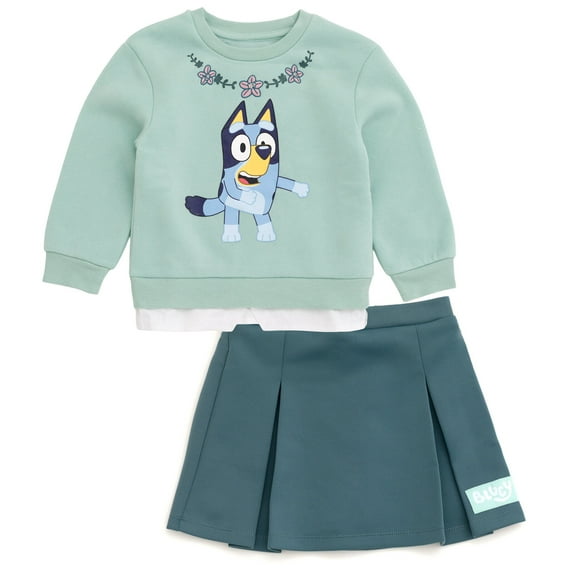 Bluey Fleece Drop Shoulder Pullover Sweatshirt and Scuba Pleated Skort Outfit Set Toddler to Big Kid