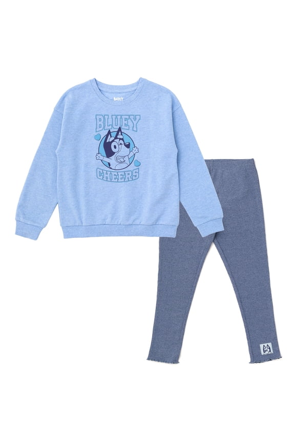 Fleece Varsity Drop Shoulder Pullover Sweatshirt and Ribbed Leggings Outfit Set Toddler to Big Kid