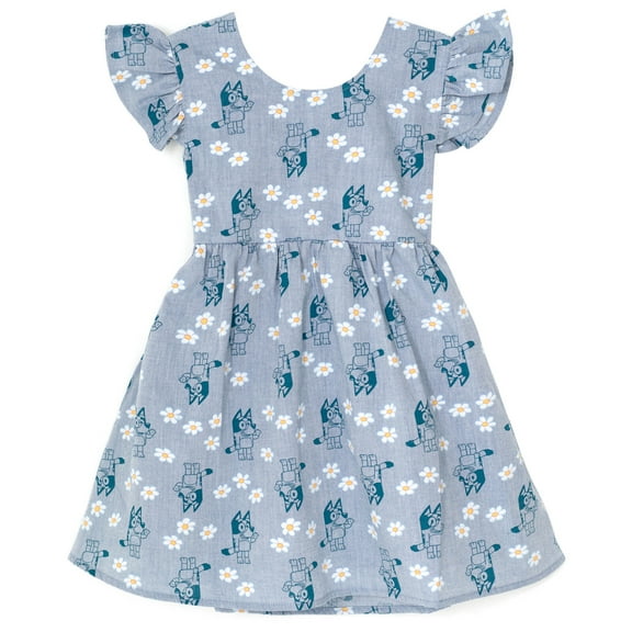 Bluey Floral Infant Baby Girls Chambray Skater Dress Infant to Big Kid