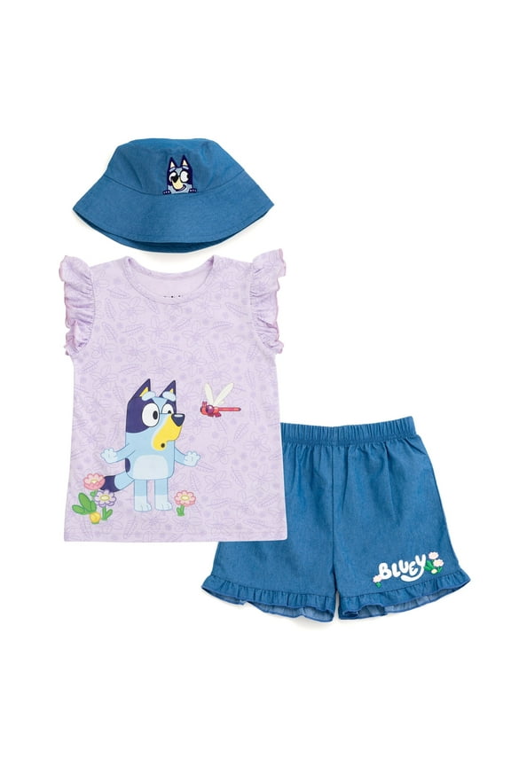 Floral Tank Top Chambray Shorts and Bucket Sun Hat 3 Piece Toddler to Big Kid