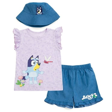 Bluey Floral Tank Top Chambray Shorts and Bucket Sun Hat 3 Piece Toddler to Big Kid