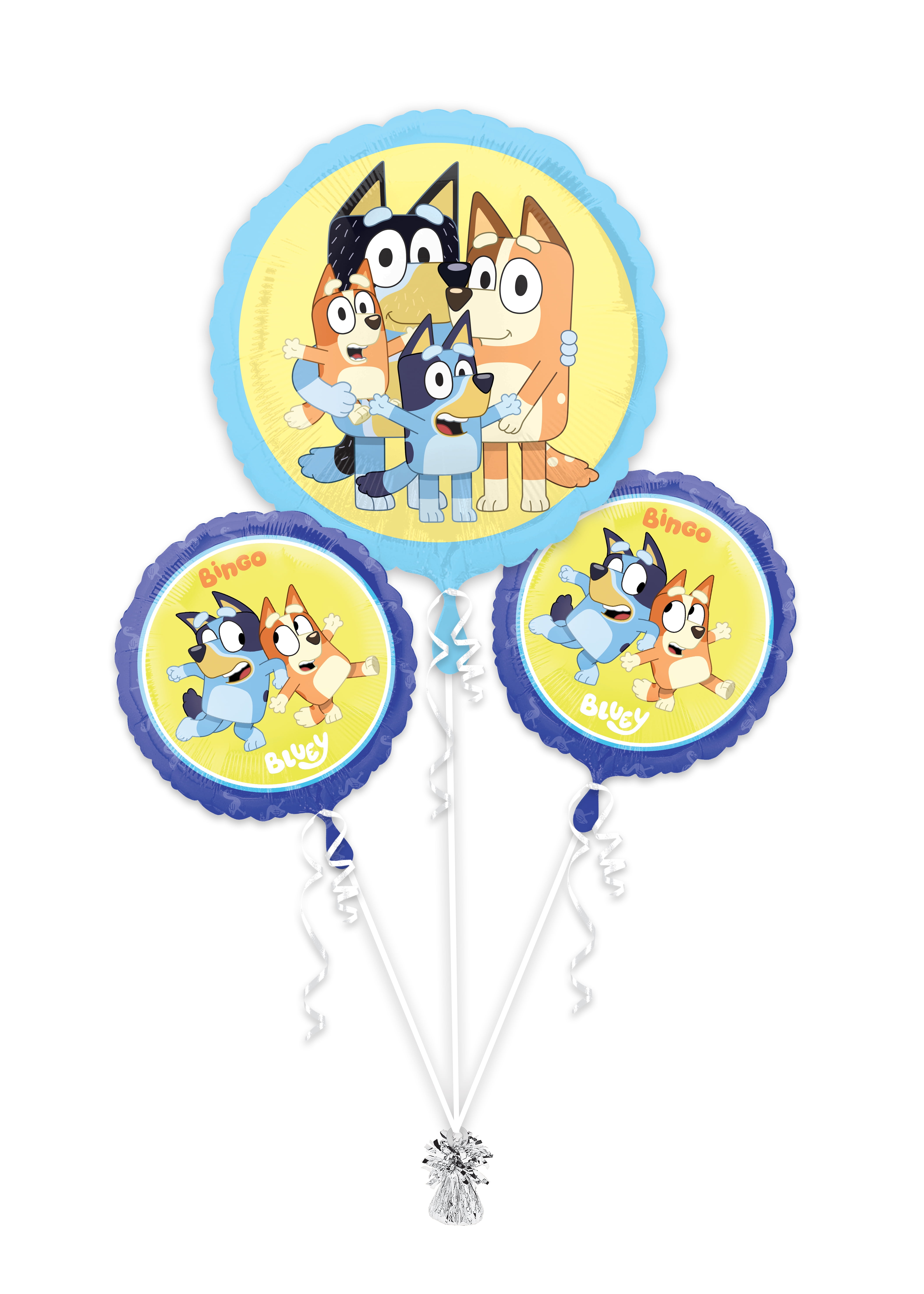 Bluey Foil Balloon Bouquet, 3 Pieces Helium Filled with Ribbon and Weight Attached, by Anagram International