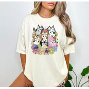 BLUEY.NAT Bluey & Friends Floral Womens Comfort Colors T-shirt, Bluey Shirt Flowers Mom Shirt, Bluey Family, Ivory Color