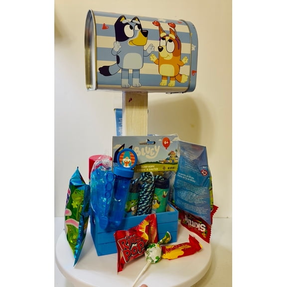 Bluey Gift Basket for Kids Boys Toy & Candy Set with Mailbox, Bubble Bath, LEGO Set, Jump Rope, Bubbles, Ring Pop, Skittles & More Birthday & Holiday Gift Bundle Easter