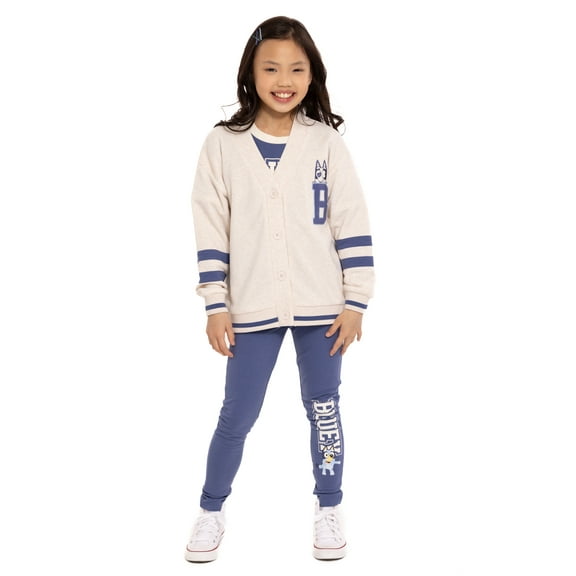Bluey Girls Varsity Cardigan Sweater with Long Sleeves, Sizes 4-16
