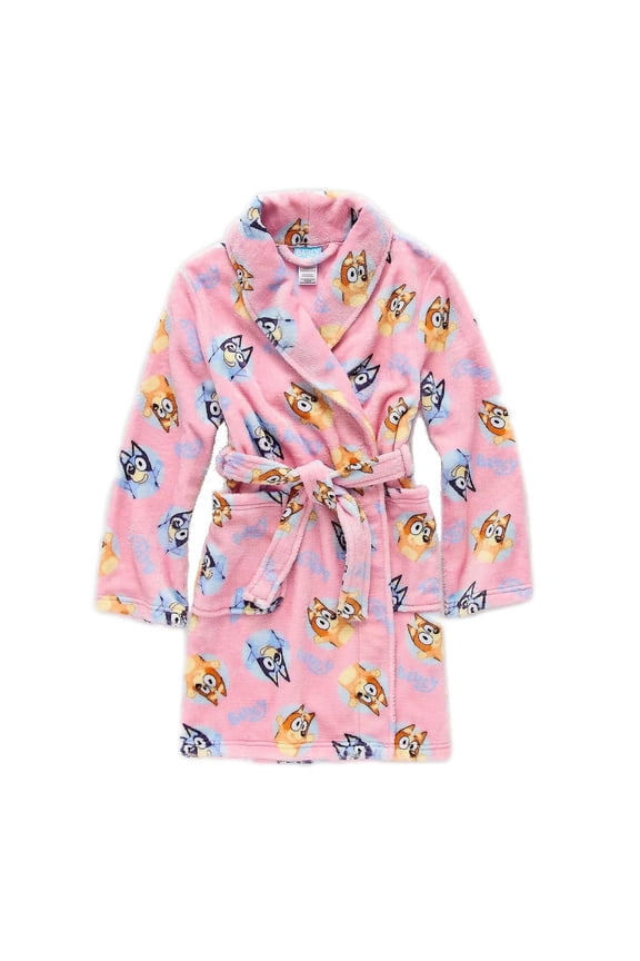 Girl's Pink Minky Fleece Bluey and Bingo Character Print Bathrobe, Robe (Size 4)