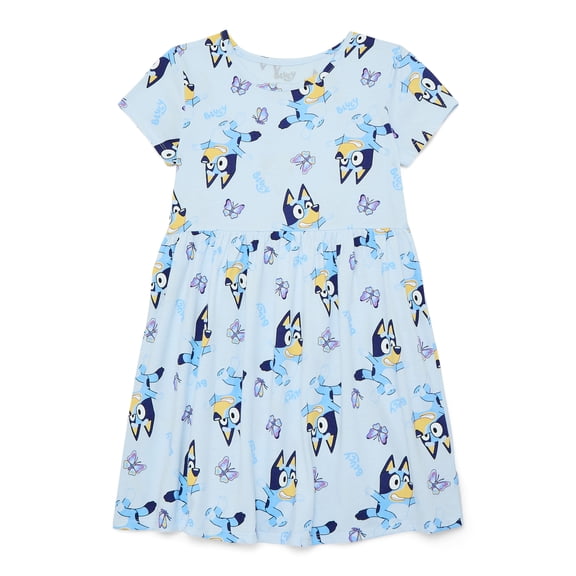 Bluey Girls' Allover Print Dress with Short Sleeves, Sizes 4-12