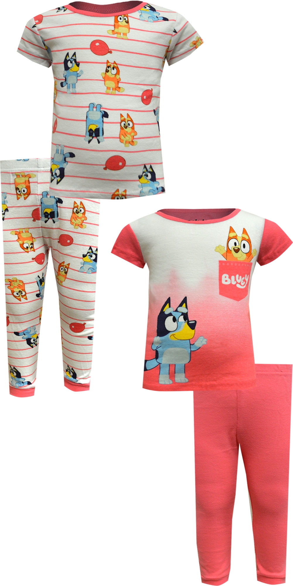 Bluey Girls' Bluey and Bingo 4 Pc Cotton Coral Pajamas (4)
