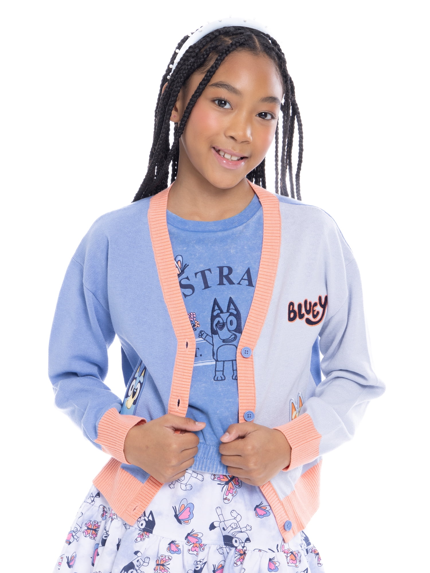 Bluey Girls Button Down Graphic Embroidery Cardigan, Sizes 4-16