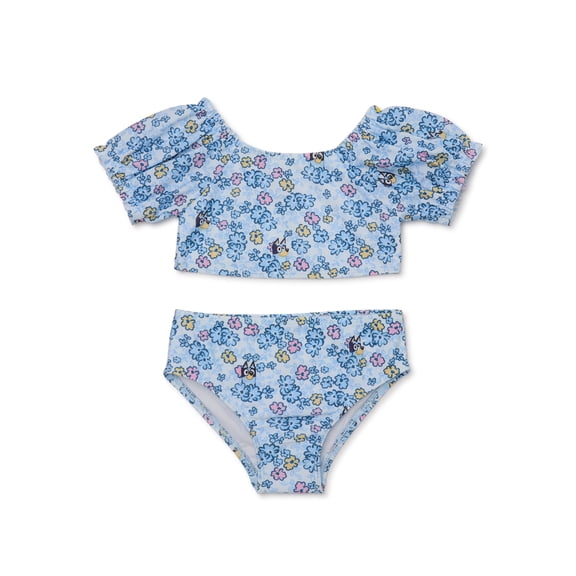 Bluey Girls Puff Sleeve Print Swimsuit, 2-Piece, Sizes 12M-5T