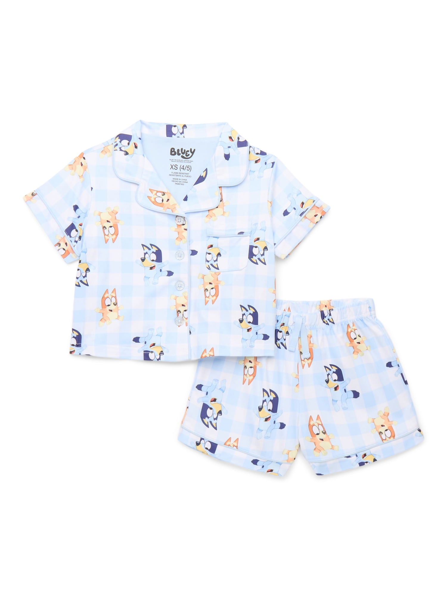 Bluey Girls Short Sleeve Button Down Top with Shorts, 2-Piece Pajama Set, Sizes 4-12