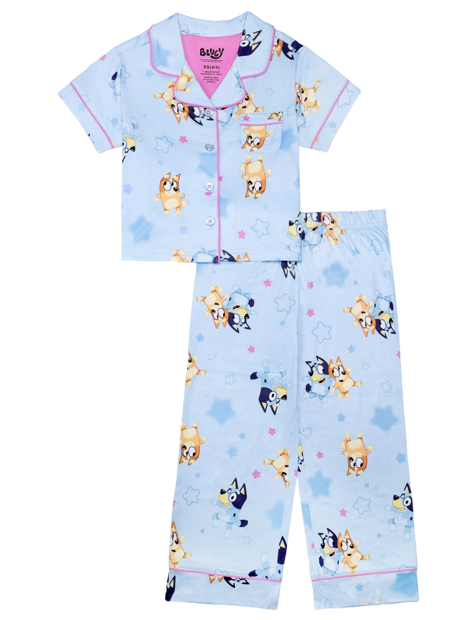 Bluey Girls Button Front Top and Pants Pajama Set, 2-Piece, Sizes 4-12