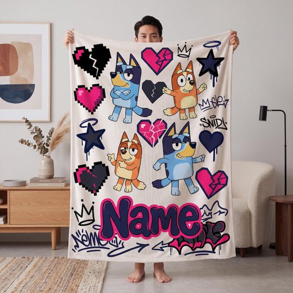 Bluey Graffiti Personalized Fleece Blanket, Colorful Street Art Kids Throw
