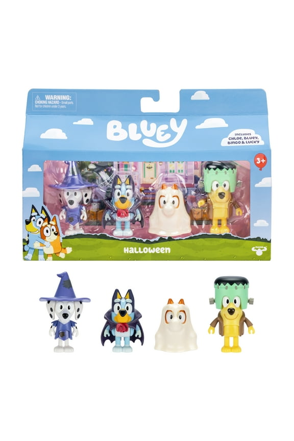 Halloween 4 Pack, 2.5 inch Figures, Bluey, Bingo, Chloe and Lucky , Ages 3+, Toddler Toys