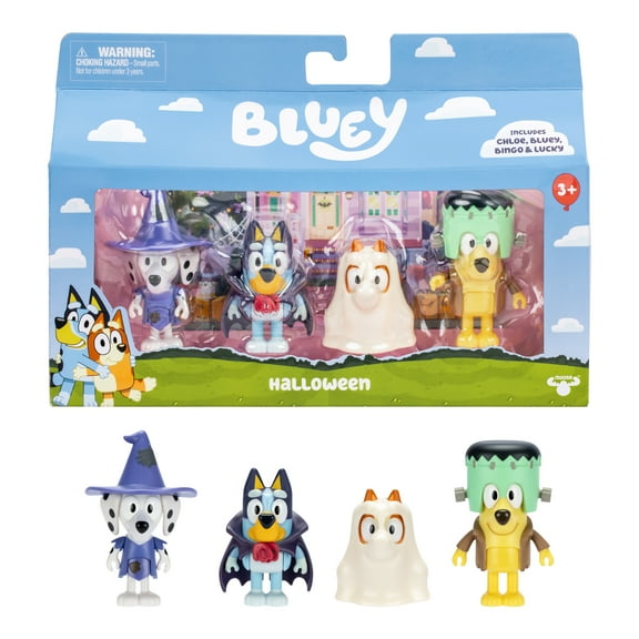 Bluey Halloween 4 Pack, 2.5 inch Figures, Bluey, Bingo, Chloe and Lucky , Ages 3+, Toddler Toys
