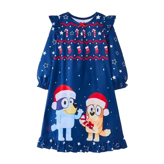 Bluey and Bingo Toddler Girl's Holiday Christmas Navy Blue Nightgown, Gown, Size 5T