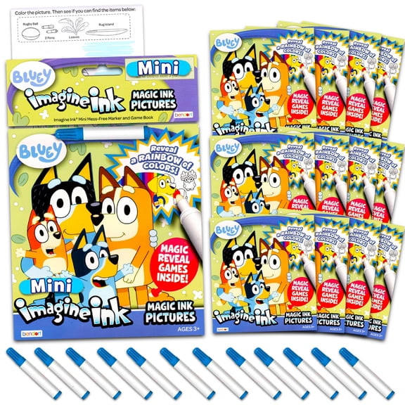 Disney Bluey Imagine Ink Coloring Book Set for Kids - 12 Pack No-Mess Magic Ink Bluey Coloring Books with Barn Bots Stickers and Door Hanger (Bluey Party Supplies Party Favors Bundle)