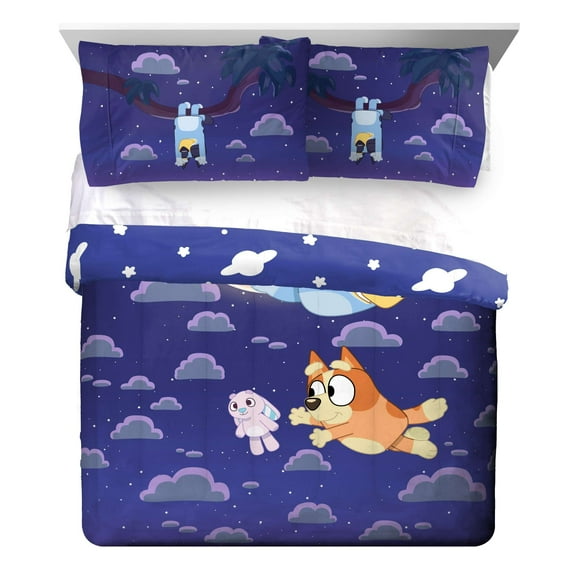Bluey In The Dream 3-Piece 86" x 86" Reversible Queen Comforter and 20" x 30" Pillowcase Set, Polyester, Blue, BBC Studios